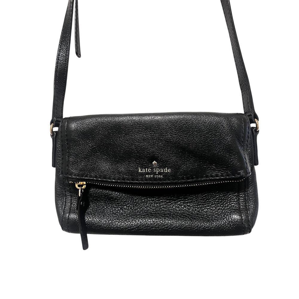 Kate Spade Crossbody Bag Womens Small Black Leather Foldover Zip Pocket Strap